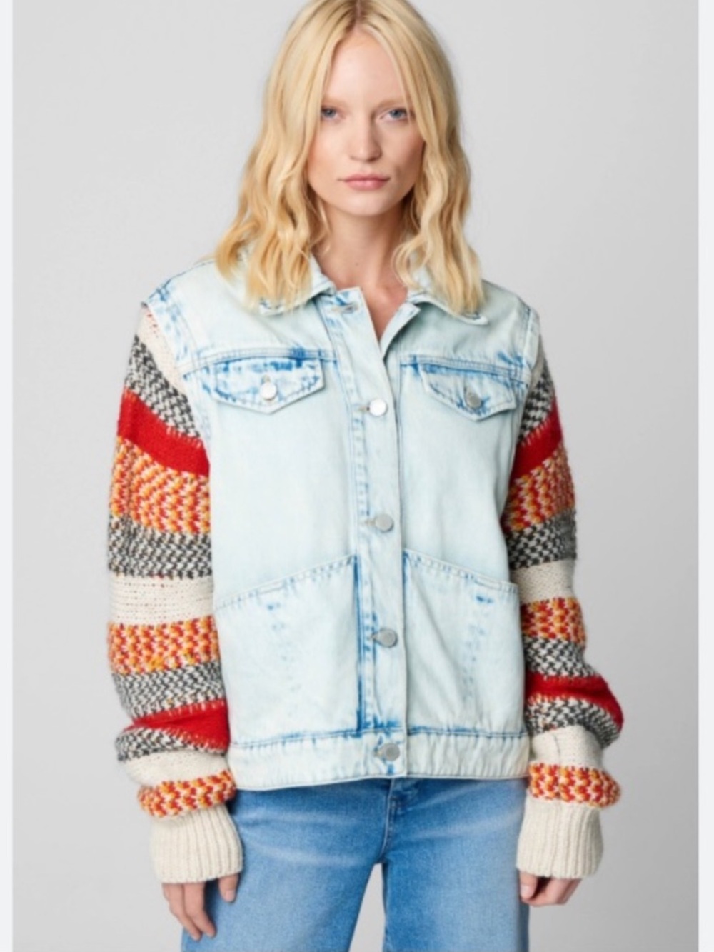 NWT [BLANKNYC] "Happy Promises" Denim Trucker Jacket with Striped Knit Sleeves M